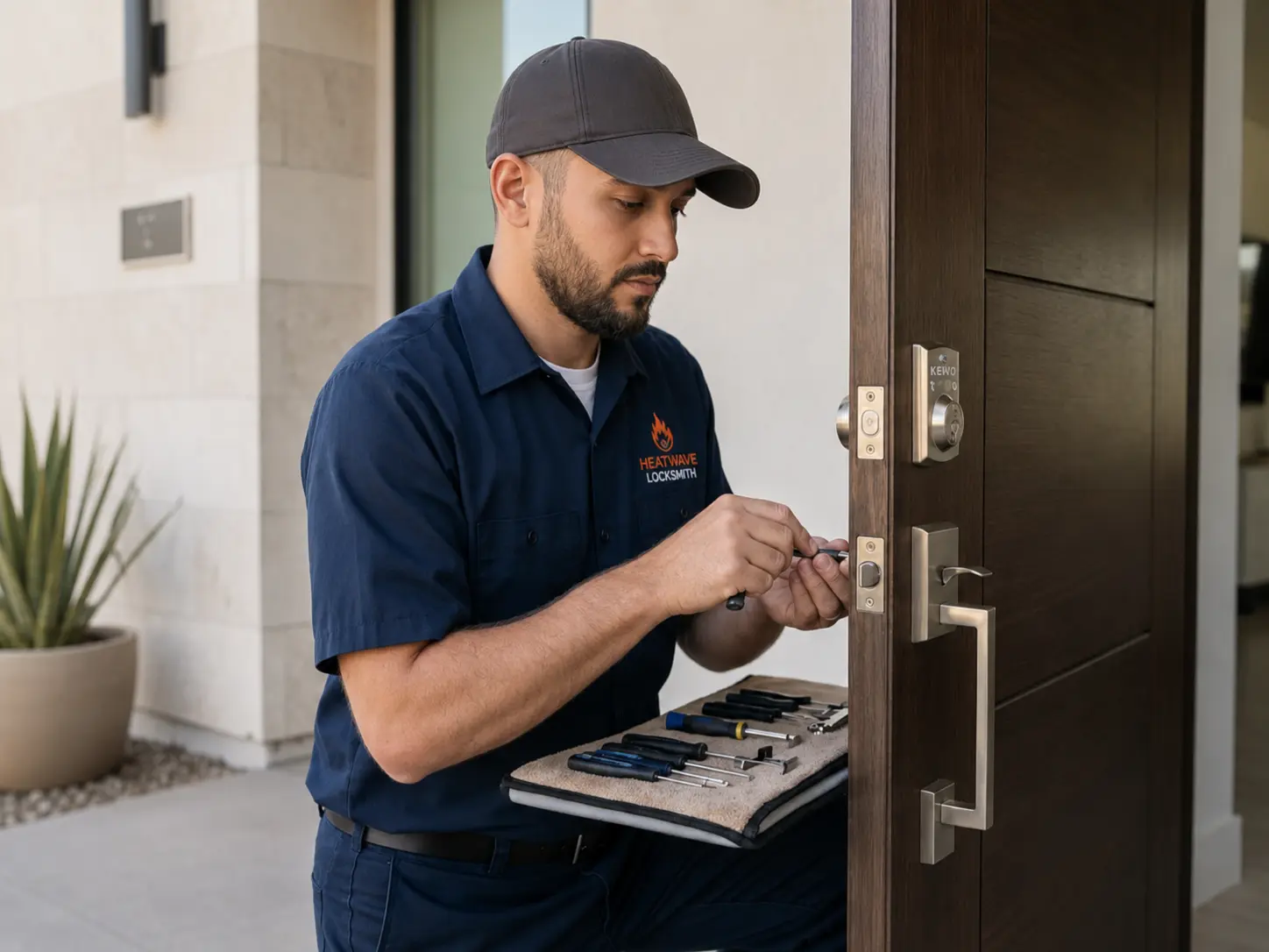 Heatwave Locksmith technician with tools at a modern Phoenix home