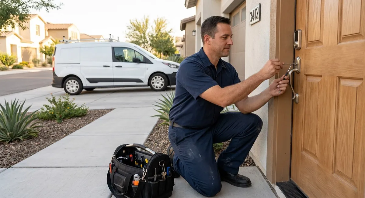 Phoenix residential locksmith working on a house door