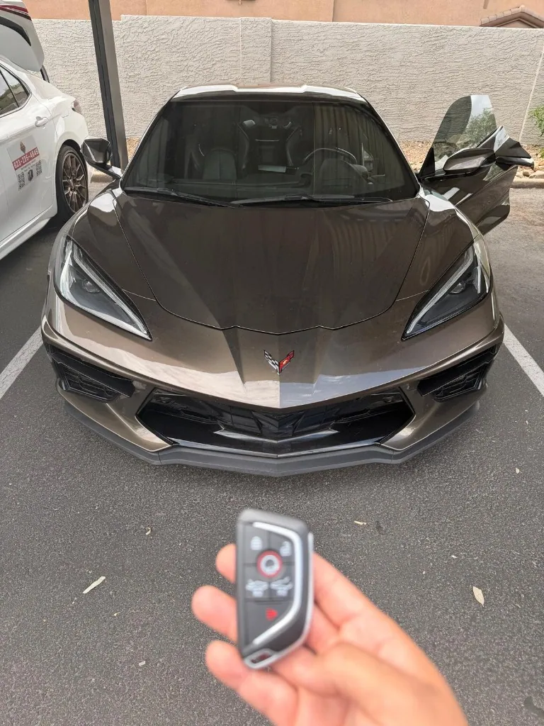 Replacement remote key shown with a Chevrolet Corvette after an all-keys-lost job